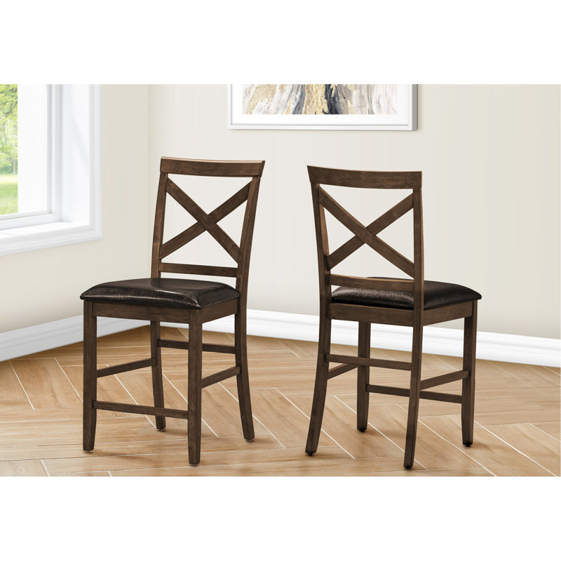 Chaise de salle à manger, hauteur 44 po, ensemble de 2, latérales, rembourrées, hauteur comptoir, salle à manger, cuisine, noyer foncé, aspect cuir brun, transitionnel