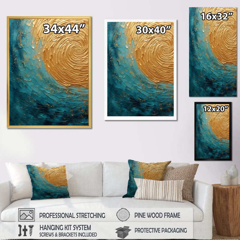 Toile dorée sarcelle alchimie spirale III, H 40 po x l 30 po x P 1,5 po, Cadre photo noir simple