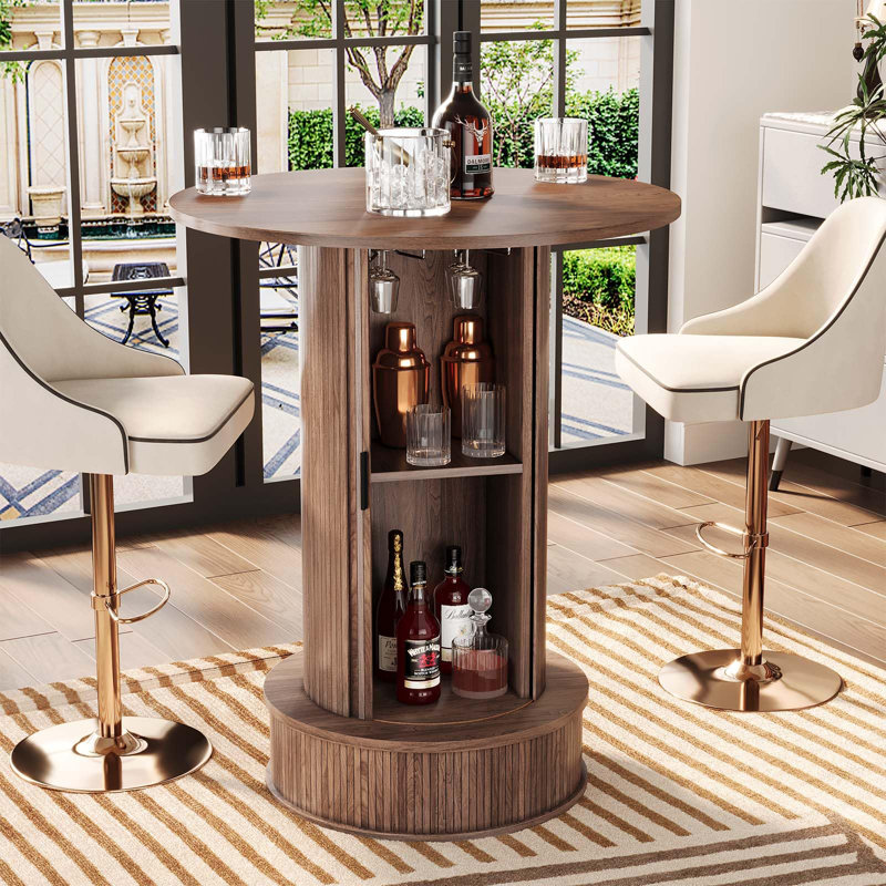 Rolling Storage Bar Cabinet with Sliding Door, 27.5-Inch Spacious Tabletop, Hidden Wine Glasses Rack & Comfortable Footrest, 66 lbs Weight Capacity for Home Bar Living Room or Commercial Use, Walnut