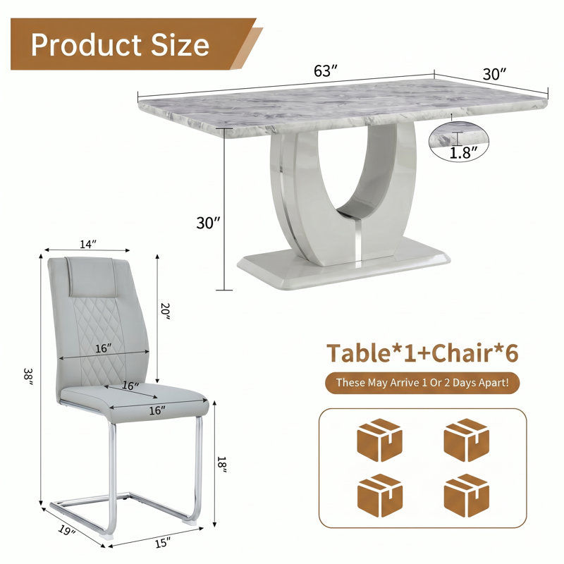 Kimara 7-Piece Modern 63" Rectangular Faux Marble Pedestal Dining Set, Light Gray, 7 Pieces: Table, 6 Chairs