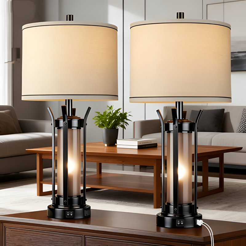 Farmhouse Table Lamps Set Of 2 With USB A+C Charging Ports, Industrial Bedside Lamp For Bedroom Living Room, Rustic Nightstand Lamp With Frosted Glass Night Light And Included LED Bulbs