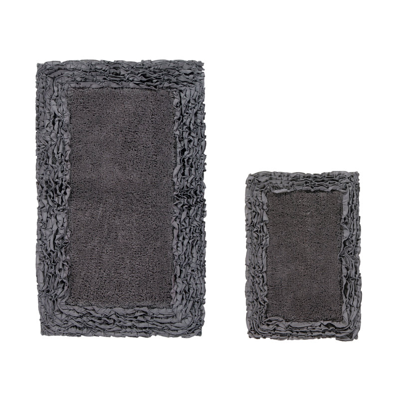 Ensemble de tapis pour salle de bain 100% coton 1775 g / m² 2 pièces Courson, certifié OEKO-TEX®, envers en latex antidérapant, motif de volants touffetés moelleux, super absorbant, tapis de salle de bain lavables à la machine, gris