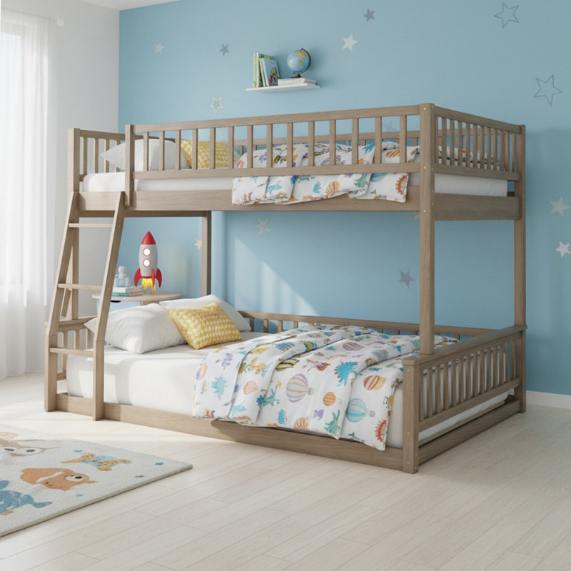 Lit superposé double au-dessus de grand lit en bois massif avec échelle et garde-corps, 2 lits convertibles pour garçons et filles