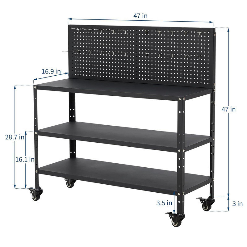 32/47inch Workbench with Pegboard, Desktop Capicity 200lbs, Heavy-Duty Steel Garage Workbench- with Hanging Kits