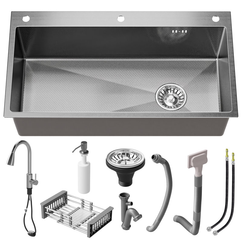 Évier de cuisine 32 po à cuve simple en acier inoxydable avec robinet rétractable