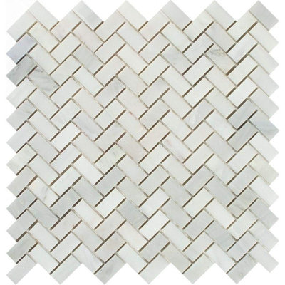 Oriental White 5/8" X 1 1/4" Mini Herringbone Marble Look Floor And Wall Mosaic