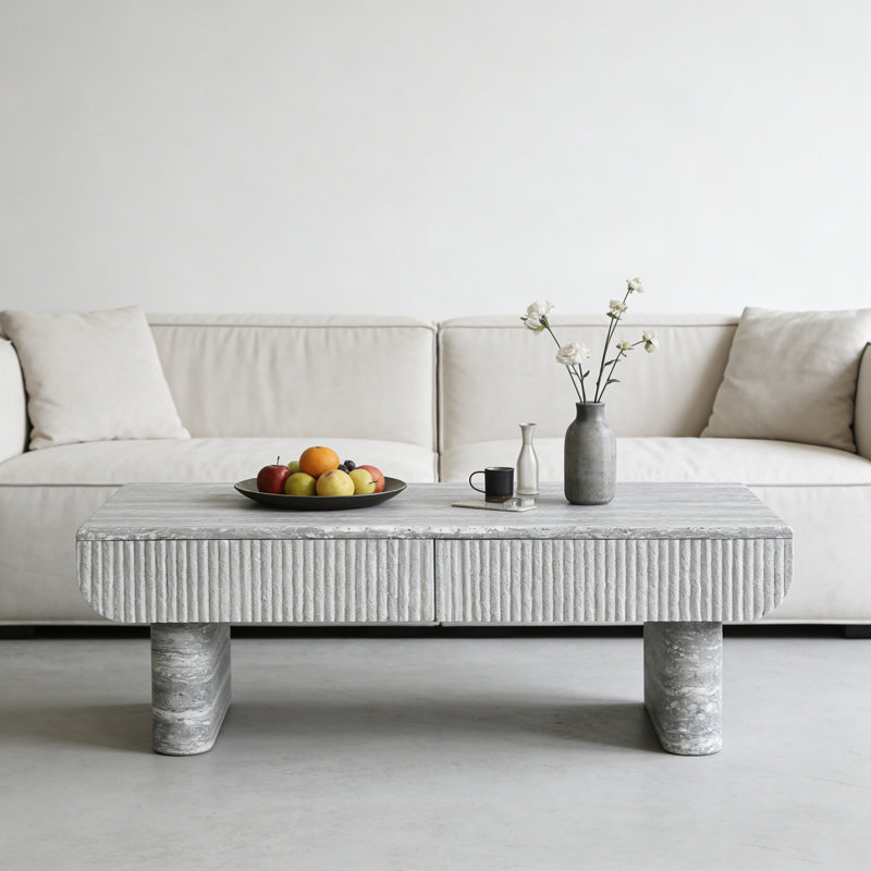 Table basse avec plateau en bois gris, table basse moderne Mid-Century avec tiroir cannelé, table basse de salon