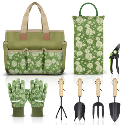 Ensemble d'outils de jardinage, 8 pièces, outils de jardinage robustes avec poignée en bois, y compris fourre-tout de jardin, coussin à genoux, gants, sécateur, truelle, truelle tulipe, cultivateur - cadeaux de jardinage pour femmes hommes