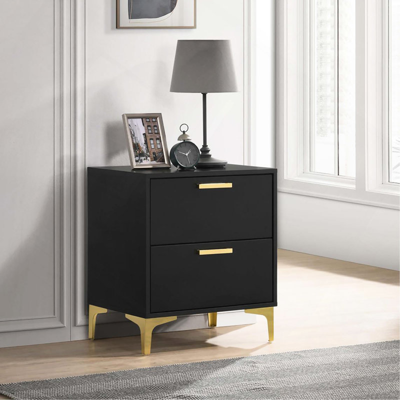 Black 2-Drawer Rectangular Nightstand, Black