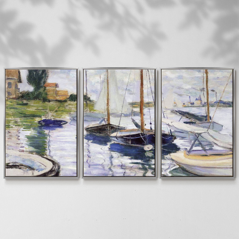 Bateaux à petit - Toile encadrée multi-pièces, H 40 po x l 78 po x P 2 po, Argenté