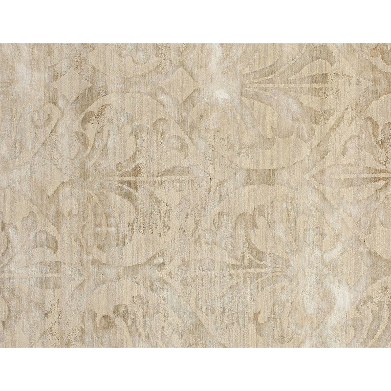Hand Knotted Damask Area Rug in Green/Amber, Rectangle 8' x 10'
