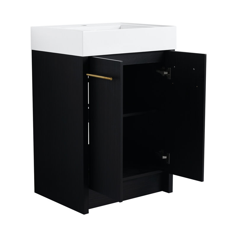 Meuble-lavabo de 24 po avec lavabo en résine, charnières à fermeture douce, châtaignier noir, design luxueux, espace de rangement spacieux de 24 po, porte, couleur châtaignier, style moderne, intérieur
