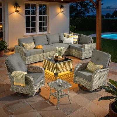 Carolle 7-Piece Modular Outdoor Rattan Seating Set with Cushions, Swivel & Rocking Chairs, Patio Table with Built-In Lights for Deck or Backyard by Lark Manor