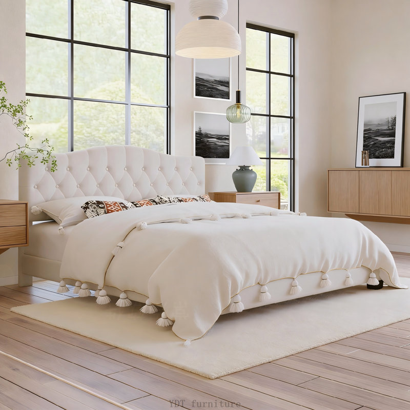 Lit plateforme tapissier - Tête de lit courbée réglable, capitonnée à motif de losanges, beige - Très grand