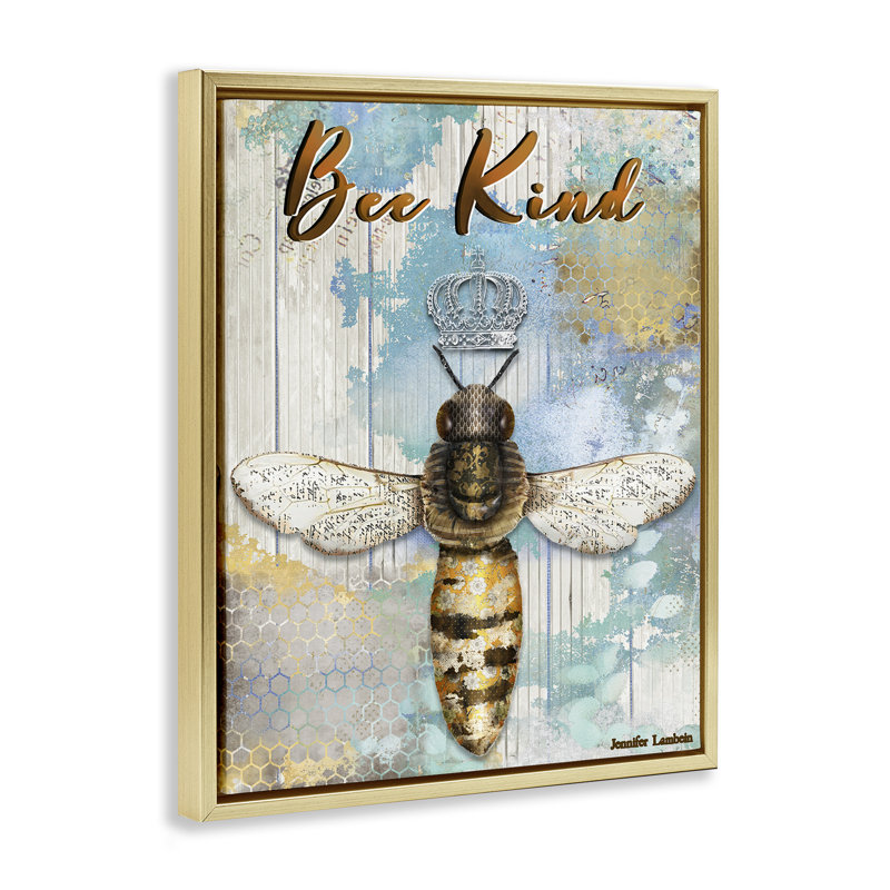 «Bee Kind Rustic Glam Grey», art mural sur toile flottante par Jennifer Lambein, Cadre flottant métallique doré