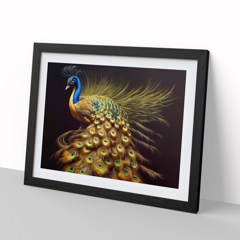 Illuminated Peacock - Single Picture Frame Painting, 34cm H x 46cm W x 2cm D, Black