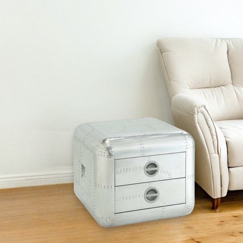Table de bout carrée 22 po en aluminium argenté avec deux tiroirs