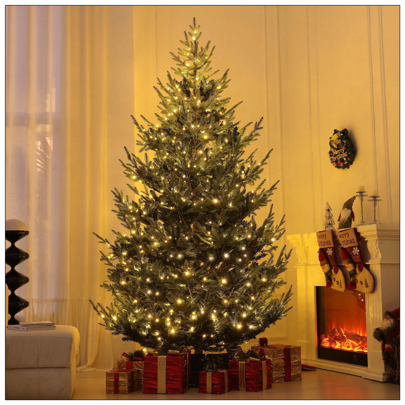 Arbre de Noël artificiel avec ouverture automatique, base en acier, forme large, branches faciles à façonner, H 8,9 pi, Vert