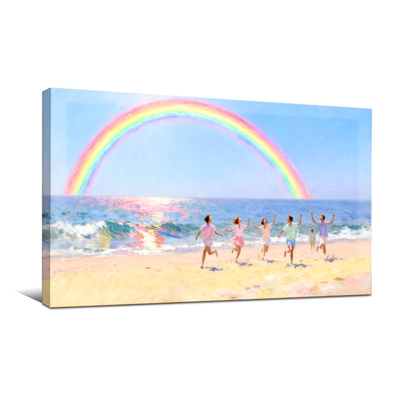Nautique et plage, plage arc-en-ciel, joyeux coureurs, océan, ciel, H 16 po x l 32 po