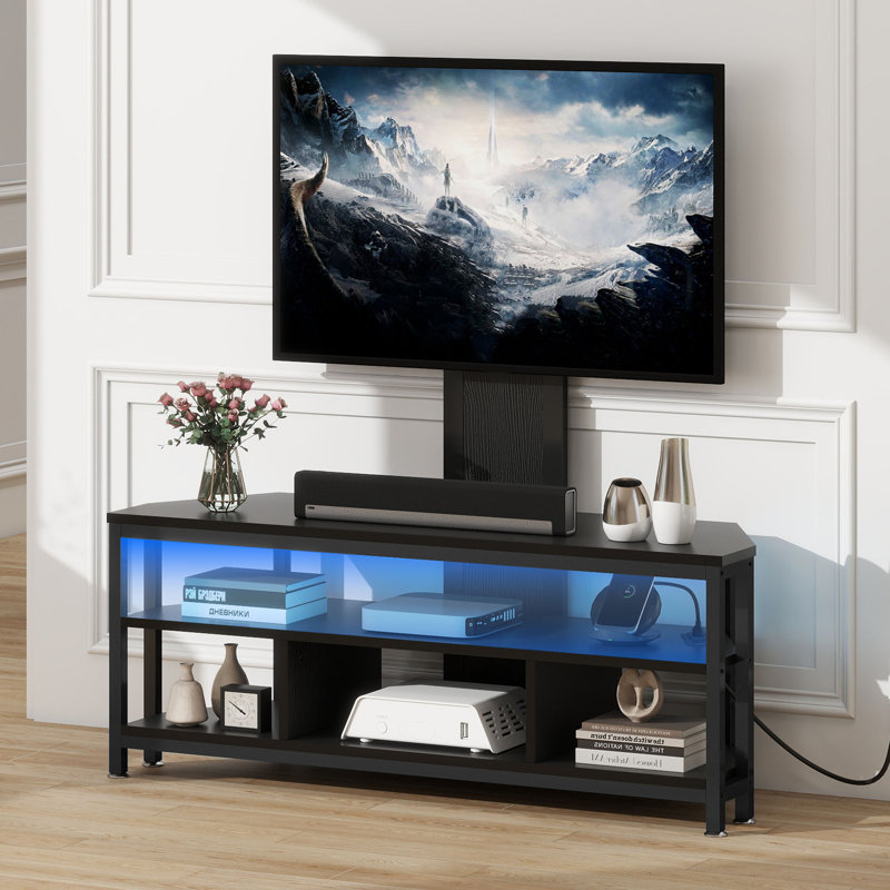 47.2"W Farmhouse Corner TV Stand With Mount, Led Lights & Power Hub,4 Open Storage Compartment Cable Management