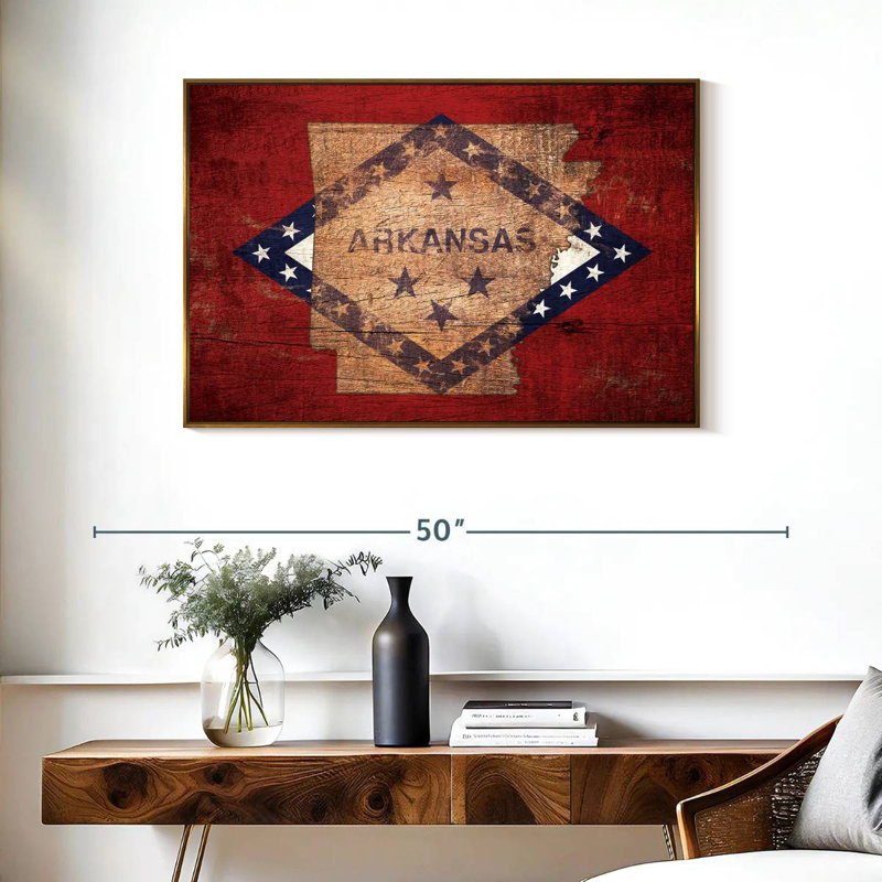 Carte d'État sur le drapeau de l'Arkansas, Cadre flottant doré, 37 po x 25 po