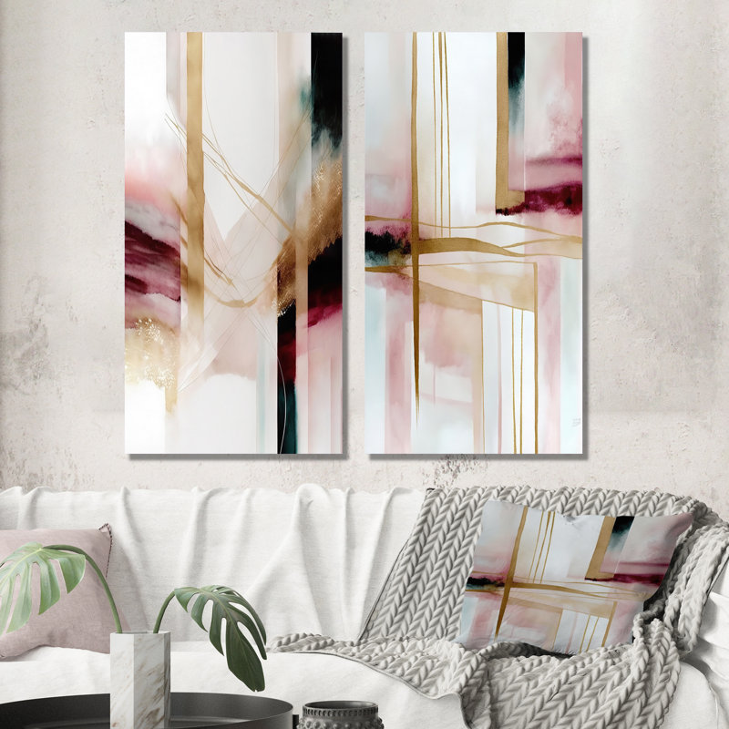 "Géode abstraite rose et rouge", 2 pièces sur toile, H 40 po x l 40 po, Toile tendue