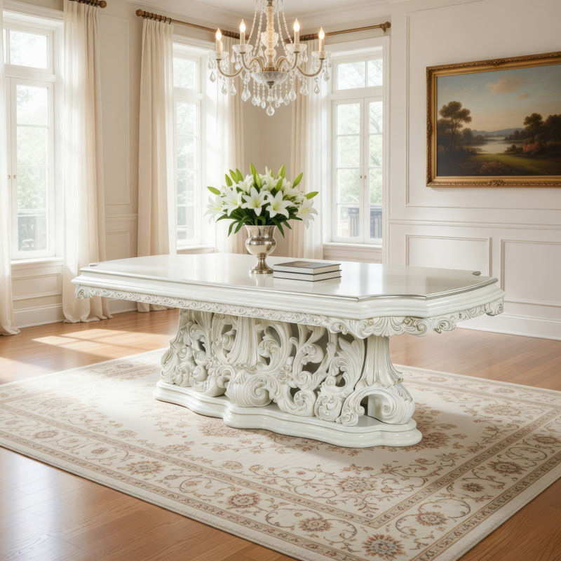 Table de salle à manger Rox, piédestal sculpté classique, blanc et or, 107 pouces