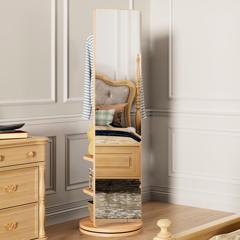 Miroir pivotant sur 360 ° en bois massif avec rangement et crochet, idéal pour le portemanteau, le vestiaire