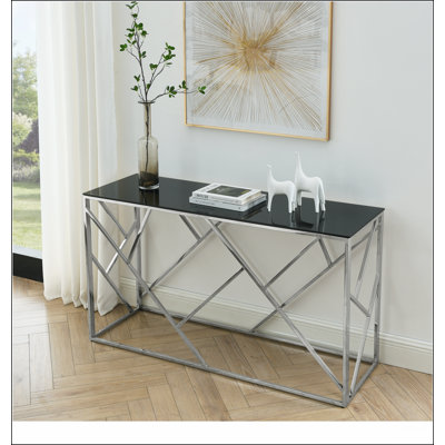 Console moderne en verre, canapé doré de 55 po avec structure en métal robuste et plateau en verre trempé