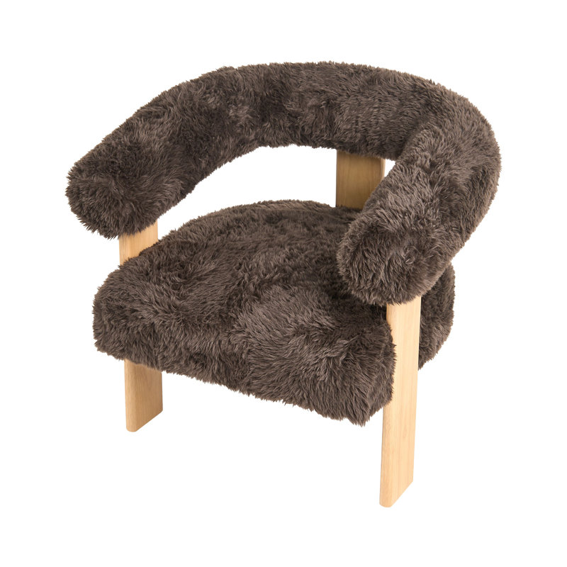 Armchair Aliany Faux Fur, Brown, Natural Wood