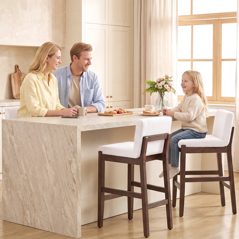 Tabouret de bar en bois massif avec dossier en lin, Beige