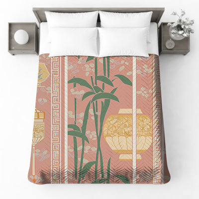 Bamboo Lanterns Illustration Quilted Bedspread All Sizes