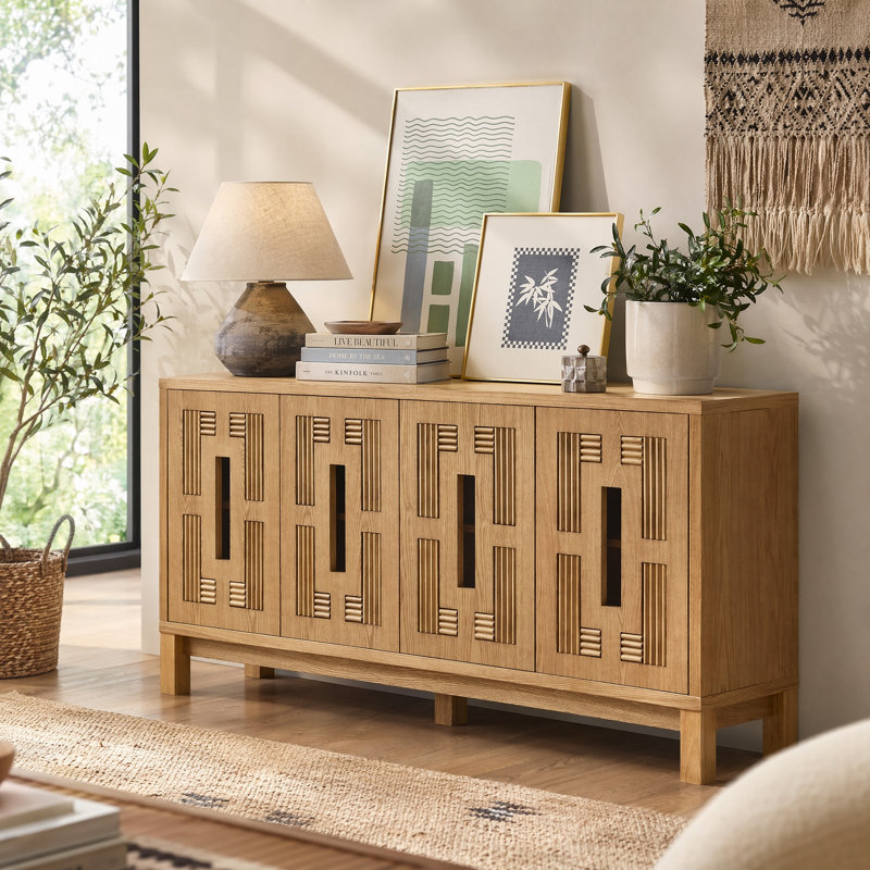 Buffet avec console multimédia ajourée à 4 portes avec tablettes réglables, Natural Wood