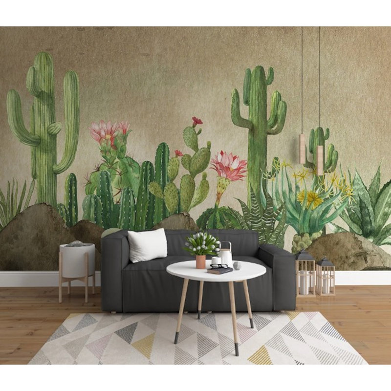 Papier peint amovible fleurs roses, fond de plantes vertes, cactus du désert, L 114 po x l 204 po