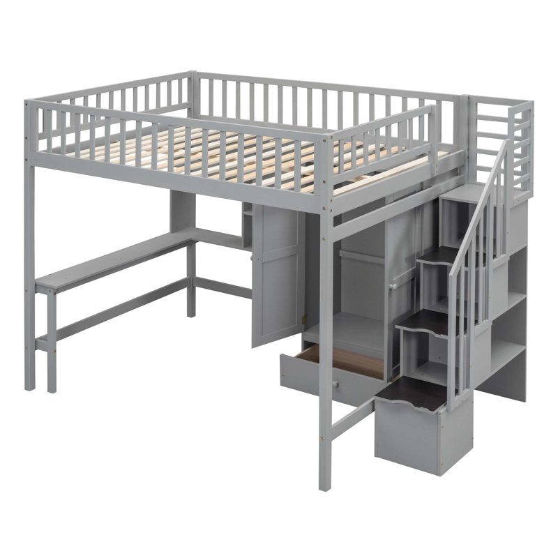 Lit mezzanine avec bibliothèque, tiroirs, bureau et garde-robe, Double / double, Gris