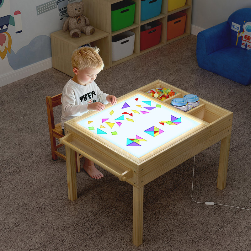 Table lumineuse pour enfants, table d'activités pour enfants 3 en 1 avec rangement, sensoriel à DEL, brique de construction et station d'art avec porte-rouleau de papier pour enfants de 3 ans et plus