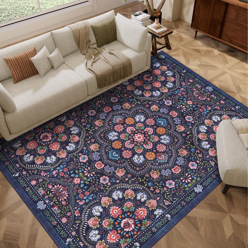 Floral 8x10 Washable Rug for Living Room Farmhouse Non Slip Area Rug for Bedroom Nursery Rugs for Dining Room Dark Blue, Blue