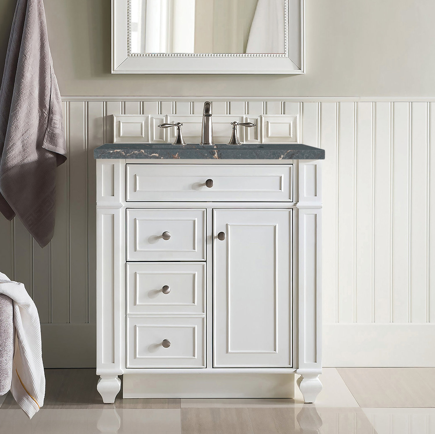Calisto 30" Single Bathroom Vanity, Bright White, Parisien Bleu, 8" Widespread
