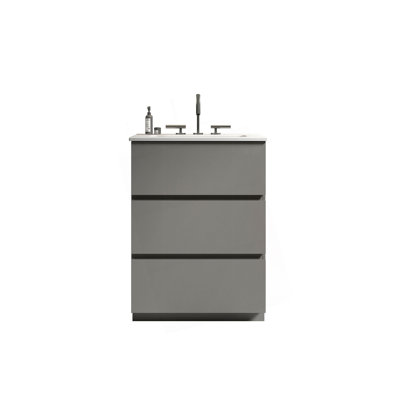 Meuble-lavabo élégant avec lavabo et trous de robinet, offrant beaucoup de rangement et un design élégant.