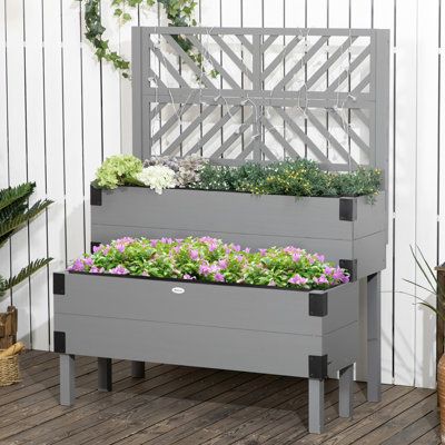 Lit de jardin surélevé en bois avec treillis en gris - pour des légumes abondants, des fleurs magnifiques, des coins en métal d'herbes, un treillis de boîte à fleurs à conception auto-drainante, 2 étages de culture de légumes, bon