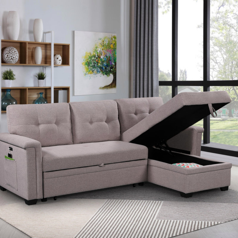 Canapé-lit modulaire réversible avec méridienne de rangement, ports de chargement USB et poche, Lin gris clair