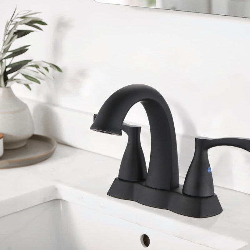 Matte Black 2 Handle Bathroom Sink Faucet. 4-Inch Design. Brass Construction. Corrosion Plating. Pop-Up Drain. Water Aerator. Simple Installation Process For 2 Sinks