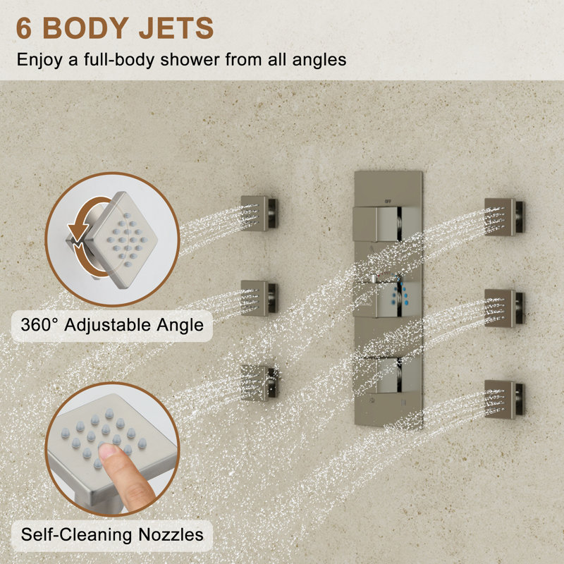 Brushed Nickel Large Square Rainfall Dual Shower Head System