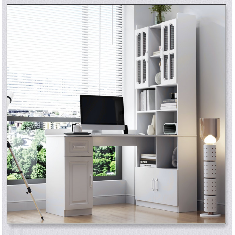 Bureau d'ordinateur de coin en L pour bureau à domicile ou bureau, style moderne avec tiroirs, bibliothèque et huche, conception 2 en 1, grand espace de travail