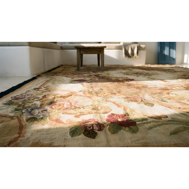 Antique Aubusson French Floral, Medallion Flat Weave Rug