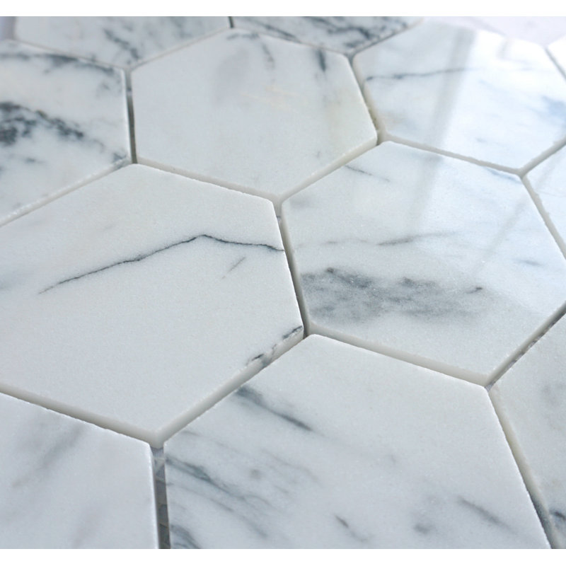 Natural 12.01 in. x 10.44 in. Hexagon Polished Marble Mosaic Tile