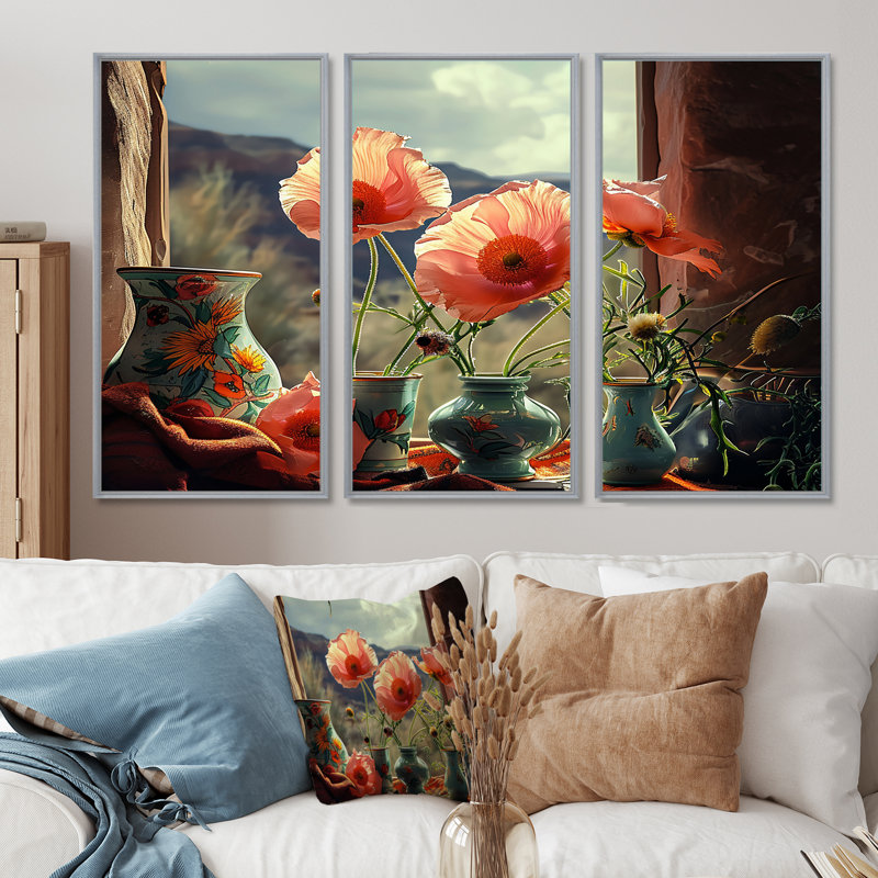 Dahmen - ensemble d'art mural coquelicot, H 40 po x l 60 po x P 1 po, Encadrement argenté