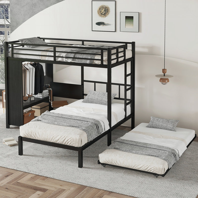 Lit superposé avec garde-robe intégré, lit superposé en métal avec lit gigogne, bureau pliable, échelles, conception à réduction de bruit, noir