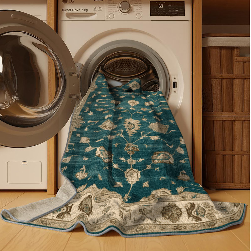 Machine Washable Overdyed Green Area Rug, Round 7'