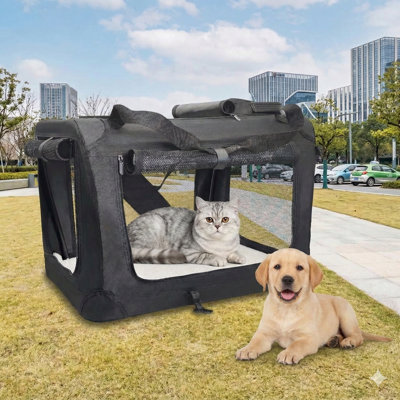 Large soft collapsible portable travel pet carrier bag for two cats; dimensions 24 x 17 x 17 inches; suitable for cats and puppies under 45 pounds; durable breathable foldable design; finished in black.